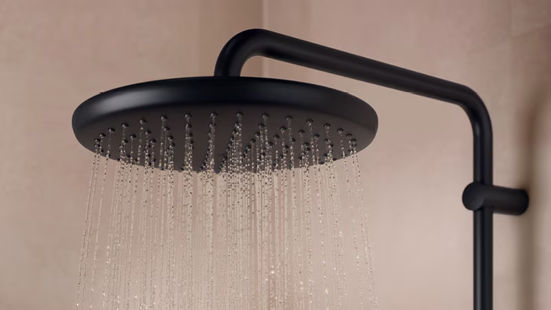 Een zwarte regendouchekop waar water uit stroomt | Une pomme de douche pluie noire avec l’eau qui s’écoule