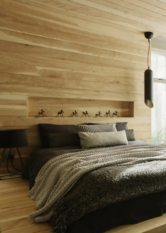 Houten muur in slaapkamer | Mur en bois dans la chambre à coucher 