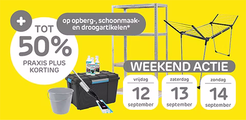 Hoge korting op opberg-, schoonmaak- & droogartikelen met Praxis Plus