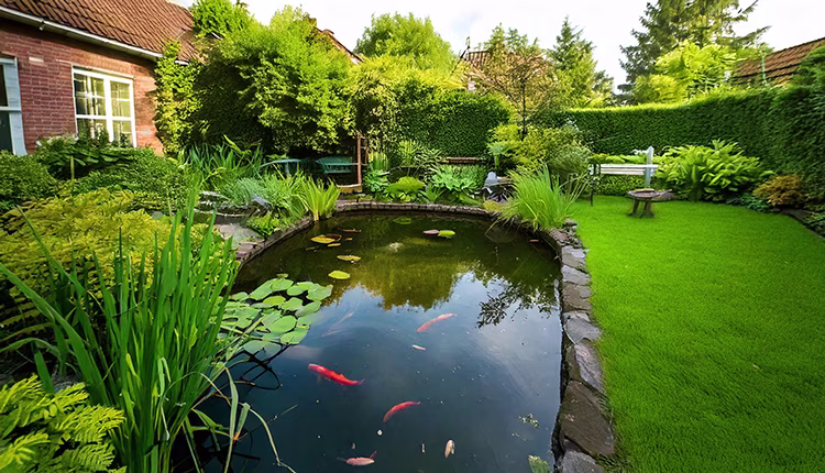  Een kleine vijver in de achtertuin met vissen en veel waterplanten
