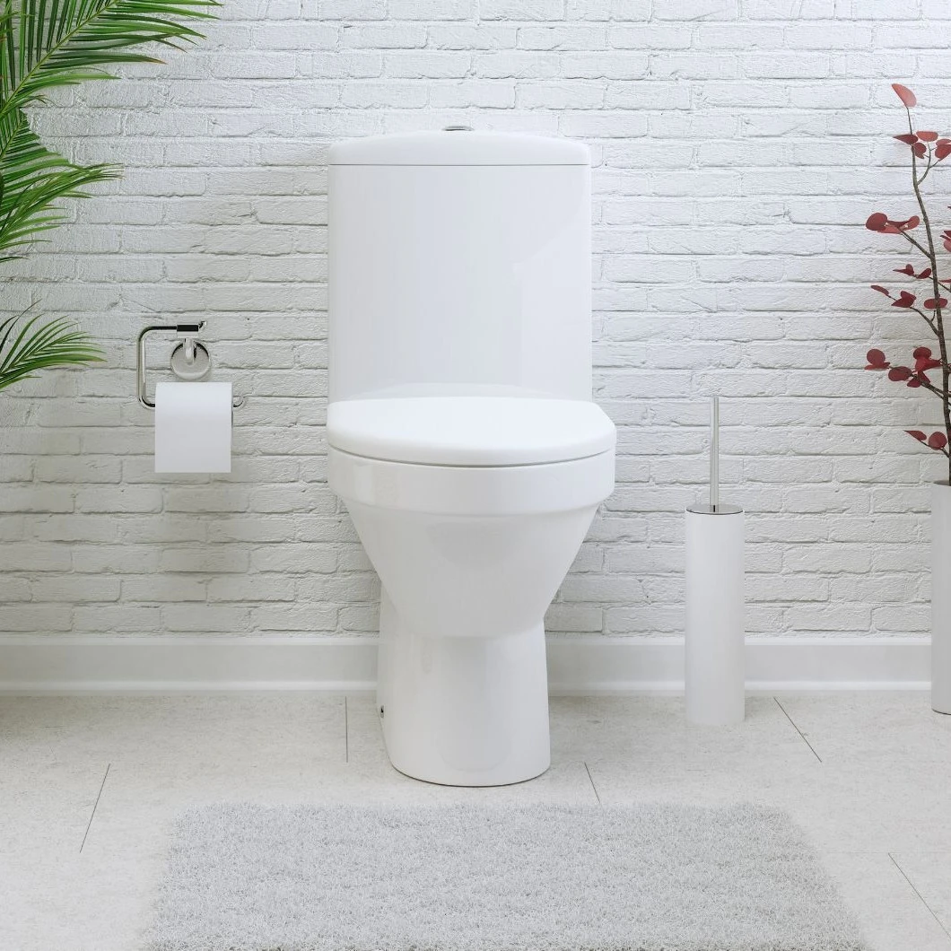 Moderne badkamer met toilet, witte kast, rieten wasmand en planten voor een frisse uitstraling. | Salle de bain moderne avec toilettes, meuble blanc, panier à linge en osier et plantes pour une touche de fraîcheur.