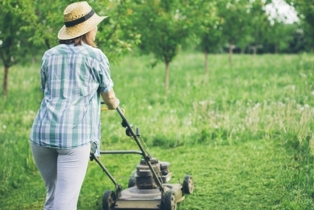 vrouw met grasmaaier | femme avec tondeuse à gazon