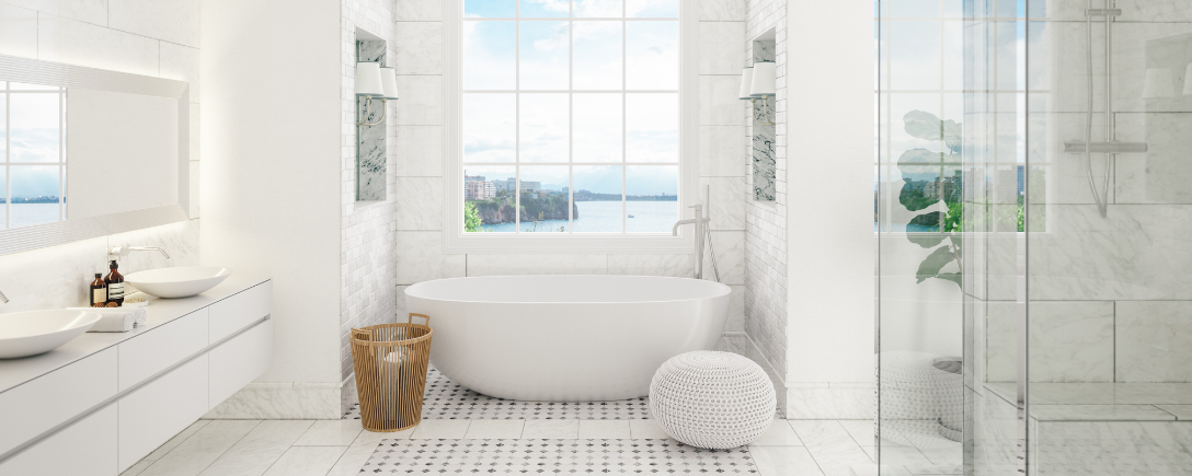 Een moderne witte badkamer met zwevende lavabo, bad, en douche | Une salle de bains moderne et blanche avec un lavabo flottant, une baignoire et une douche