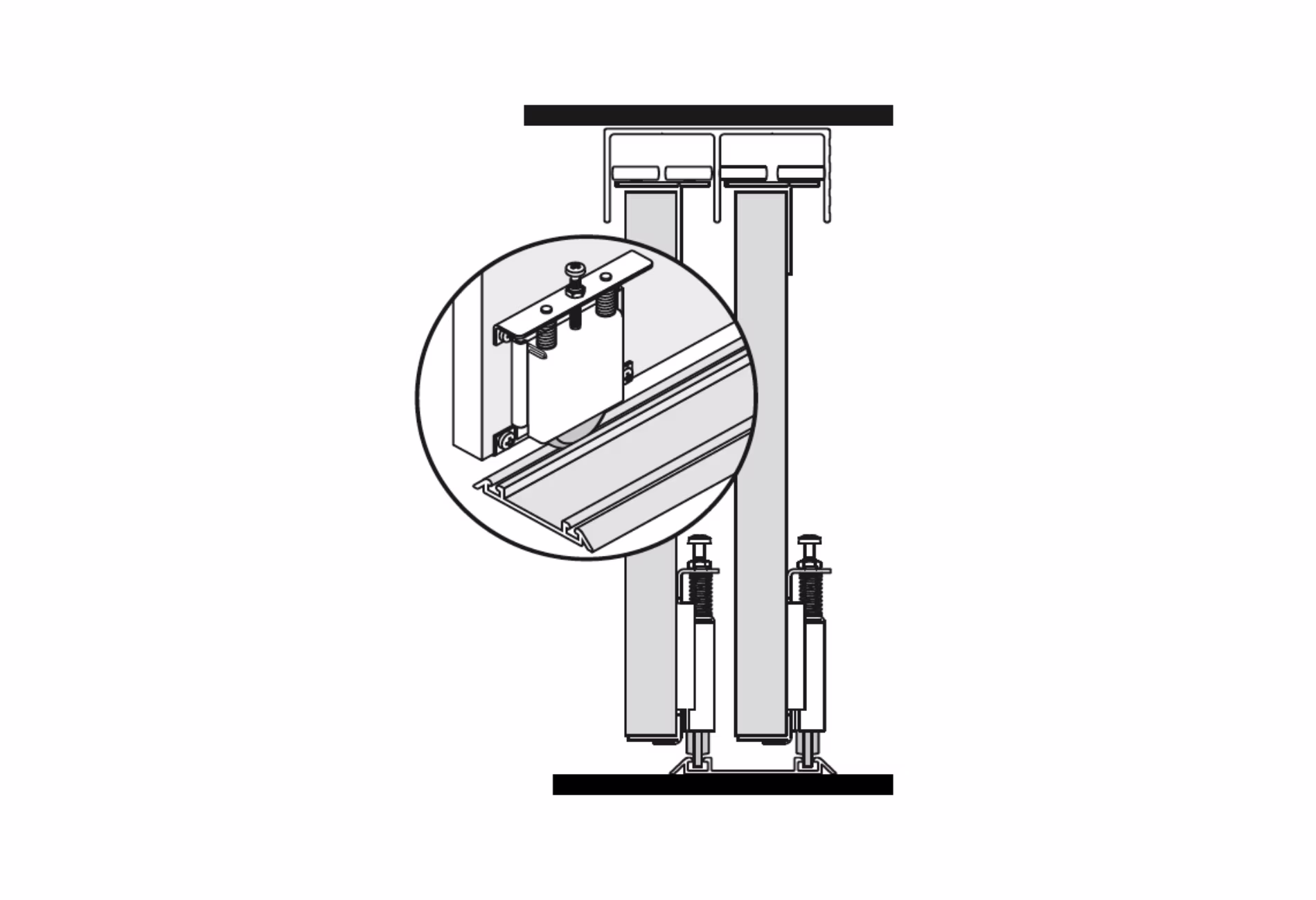 Vloerrail met geleiders en veermechanisme voor schuifdeuren, met detailweergave van de bevestiging | Rail de sol avec guides et mécanisme à ressort pour portes coulissantes, avec vue détaillée de la fixation