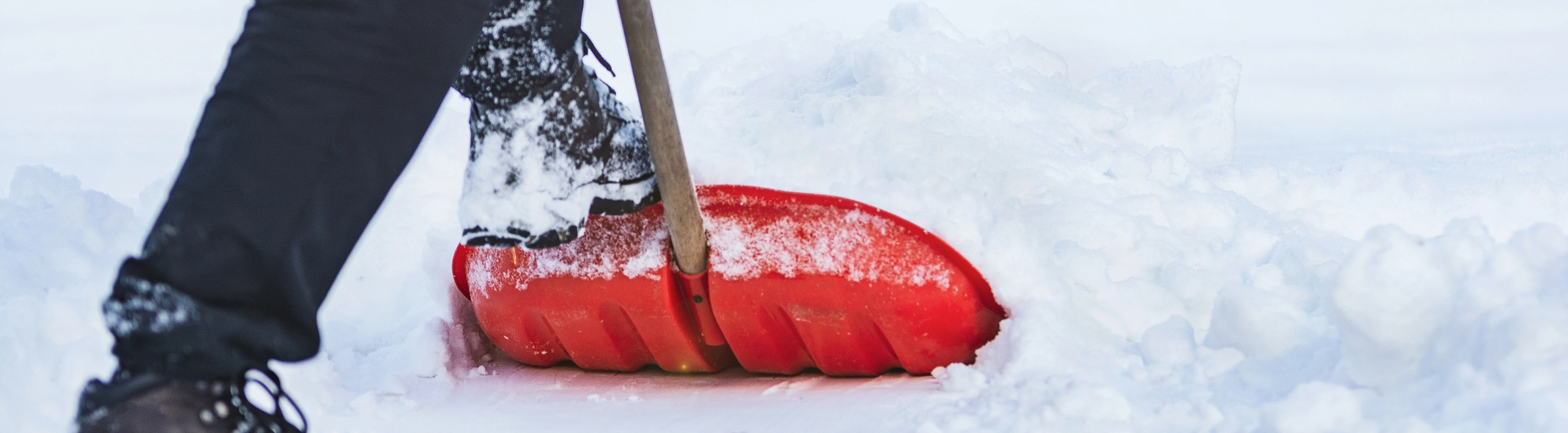 Een persoon schept sneeuw met een rode schep | Une personne déneige avec une pelle rouge 