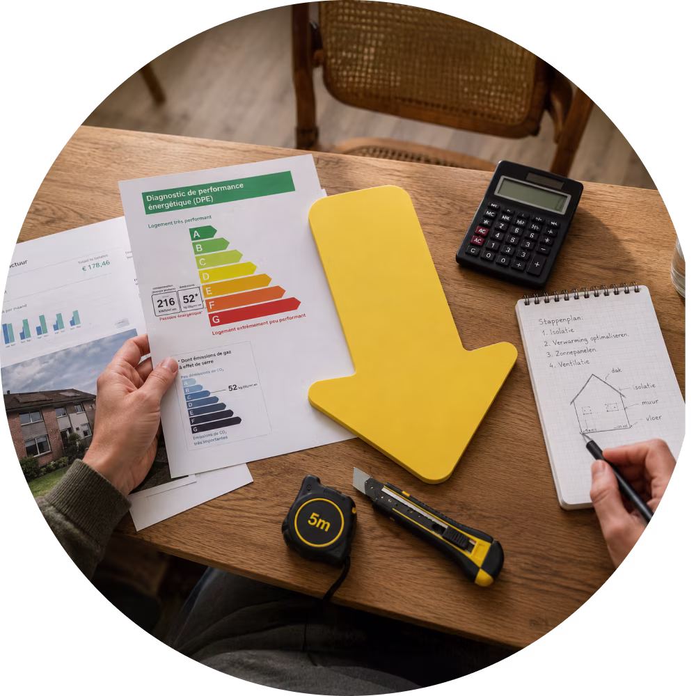 Camp. Reduce your energy bill. BE. Energiezuinig renovatieplan met EPC-document, gereedschap en notities op houten tafel met gele pijl. | Plan de rénovation énergétique avec document PEB, outils et notes sur table en bois avec flèche jaune.