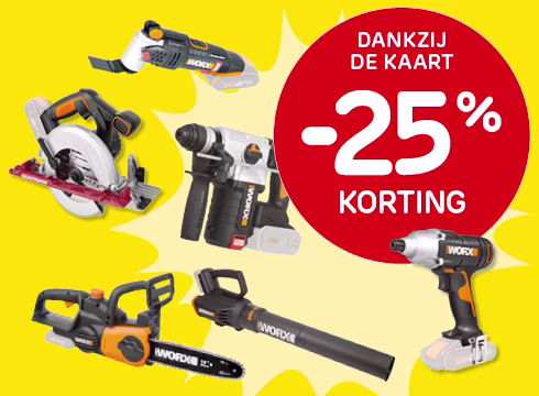 25% korting op alle elektrische worx-machines bij aankoop van min. €40
