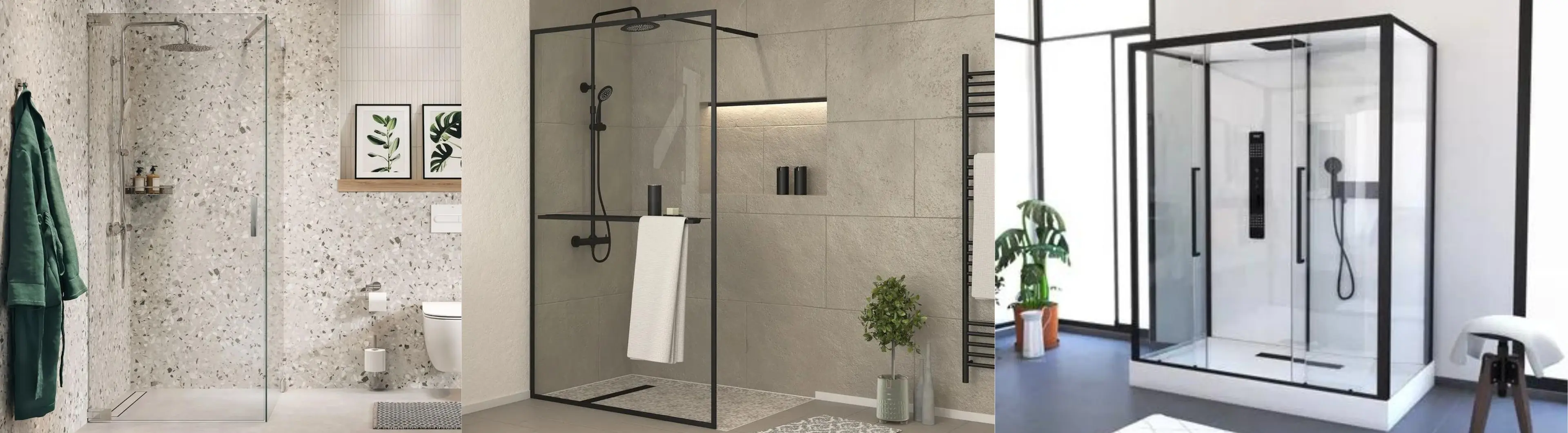 Drie moderne douches met glazen wanden en stijlvolle ontwerpen, perfect voor elke badkamerinrichting. | Trois douches modernes avec des parois en verre et des designs élégants, parfaites pour toute salle de bain.