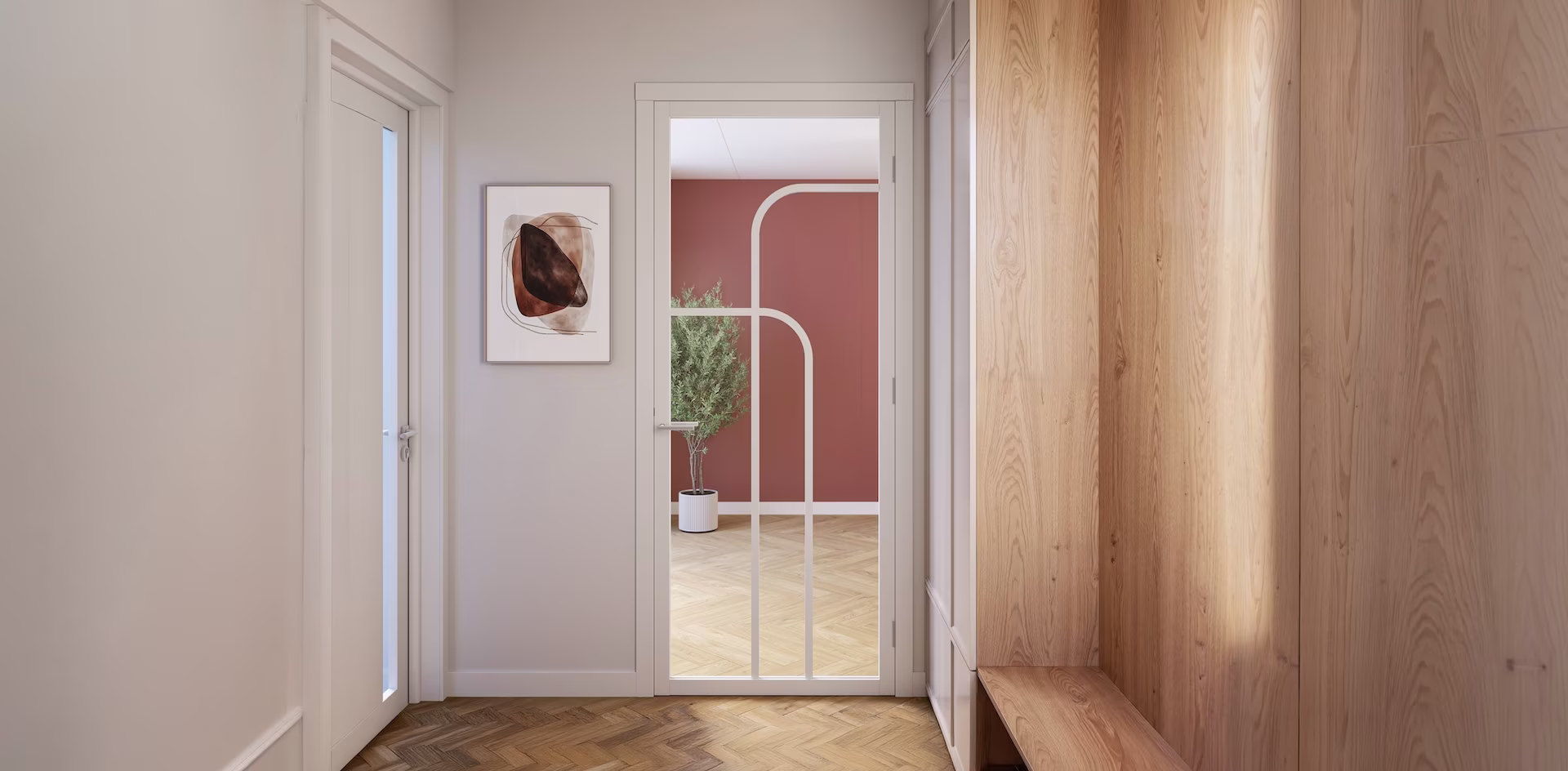 entree met witte japandi binnendeur Elegant Flow van CanDo, warm roze muur en plant: praxis binnendeuren trends en inspiratie entree met witte japandi binnendeur Elegant Flow van CanDo, warm roze muur en plant: praxis binnendeuren trends en inspiratie