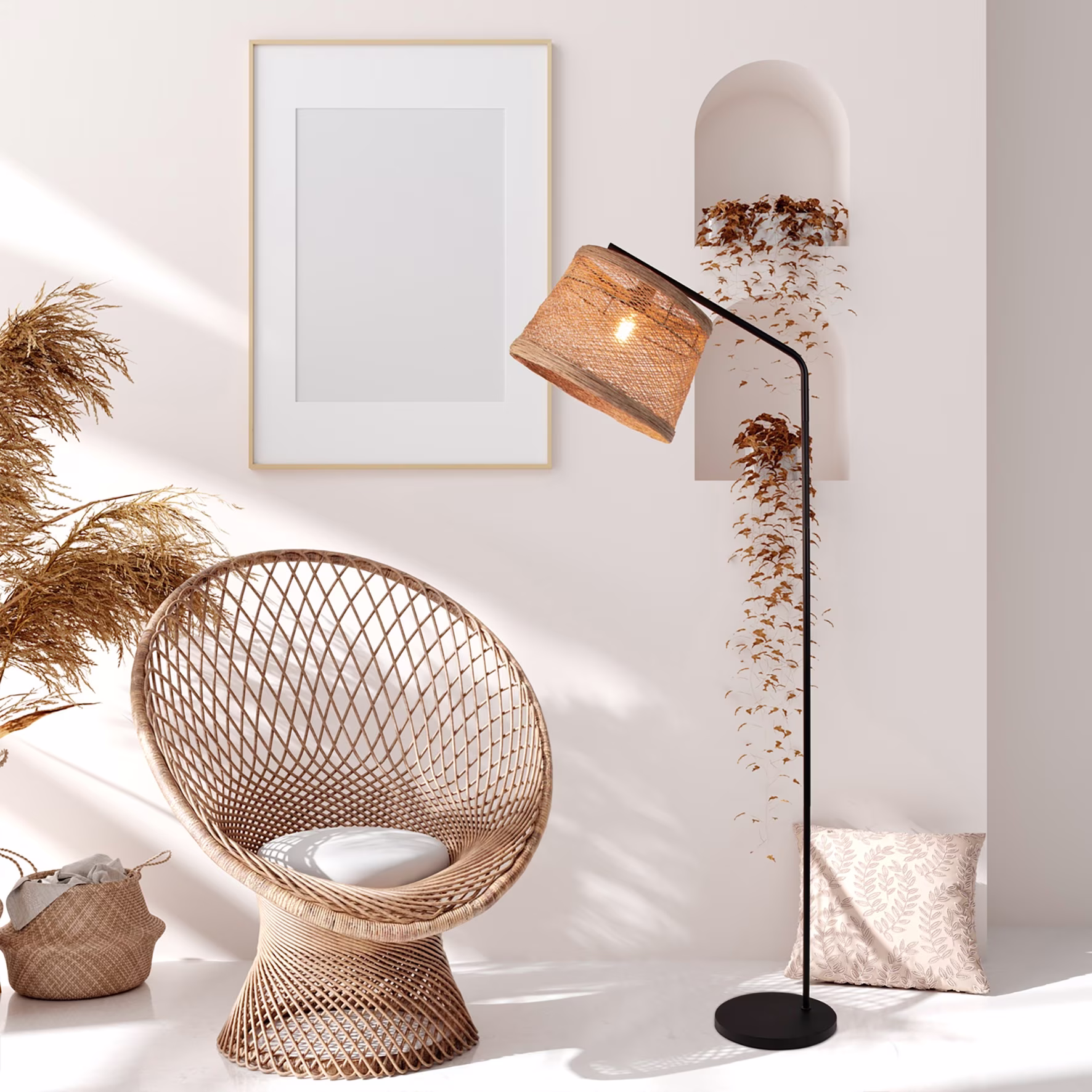 vloerlamp biophillic design met natuurlijke materialen zoals gevlochten draad