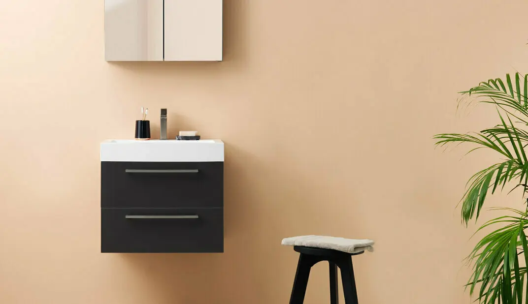 Zwart badkamermeubel met beige muur | Meuble de salle de bains noir avec mur beige