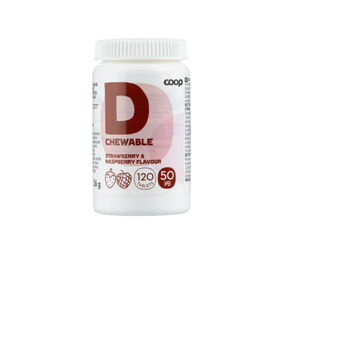 Coop D-vitamiini 50μg Mansikka-Vadelma 120 purutablettia
