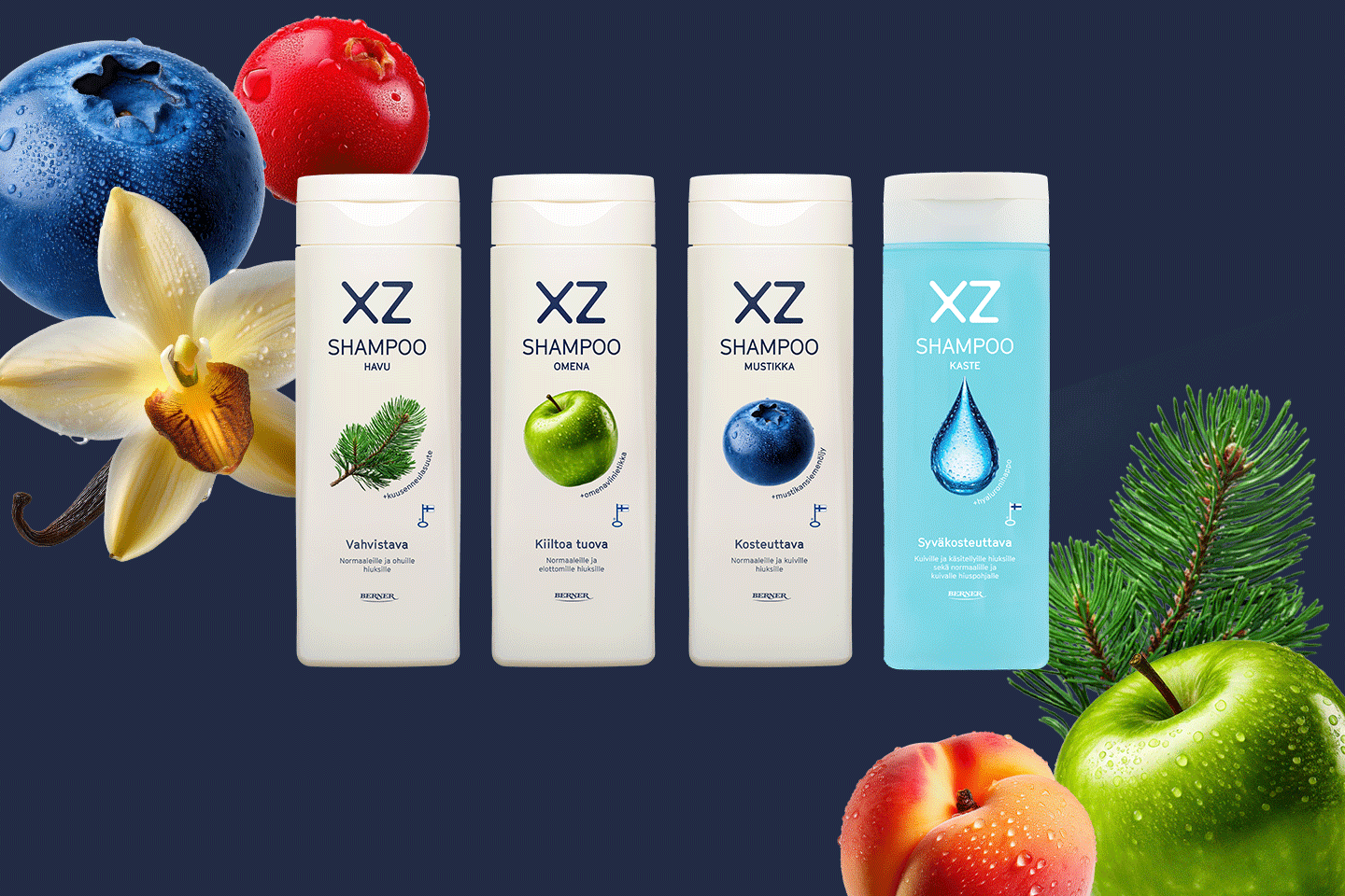 Neljä erilaista XZ-shampoopulloa - havu, omena, mustikka, kaste - ympärillään tuoreita hedelmiä, marjoja, vaniljankukka ja havunoksa.
