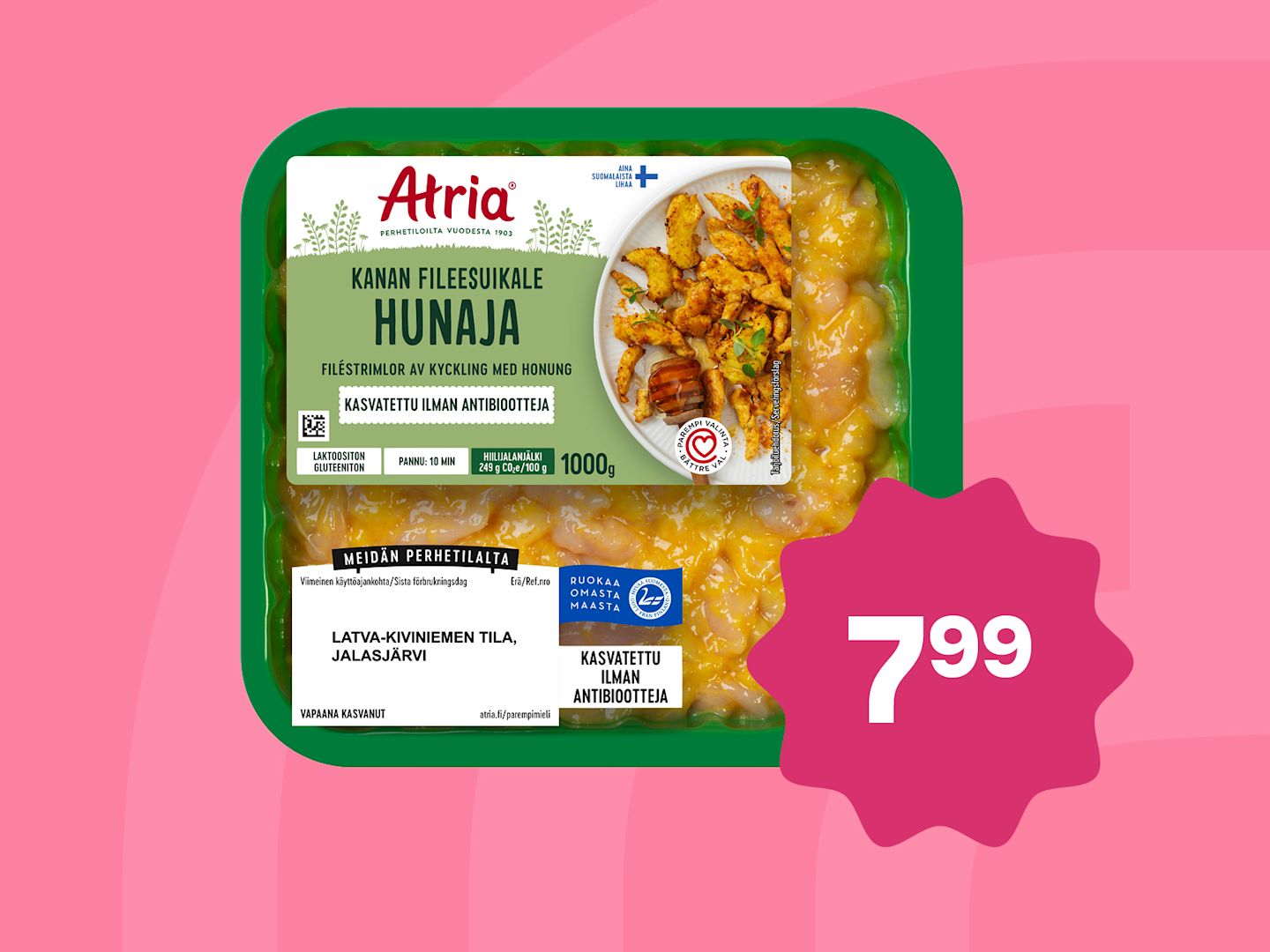 Atrian kanan fileesuikale hunaja -pakkaus vihreässä rasiassa, 1000g, hinta 7,99 €, valmistettu ilman antibiootteja.
