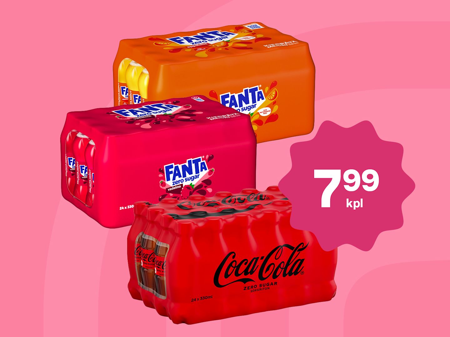 Fanta- ja Coca-Cola-monipakkauksia vaaleanpunaisella taustalla tarjoushintaan 7,99 kpl.