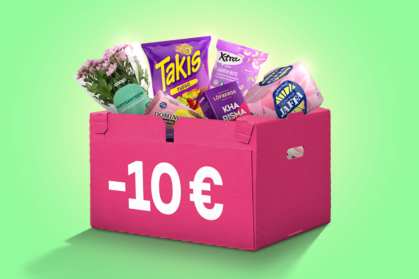 Pinkki laatikko, jossa lukee -10 €, on täynnä tuotteita kuten Takis-sipsejä, kukkia ja Jaffaa.