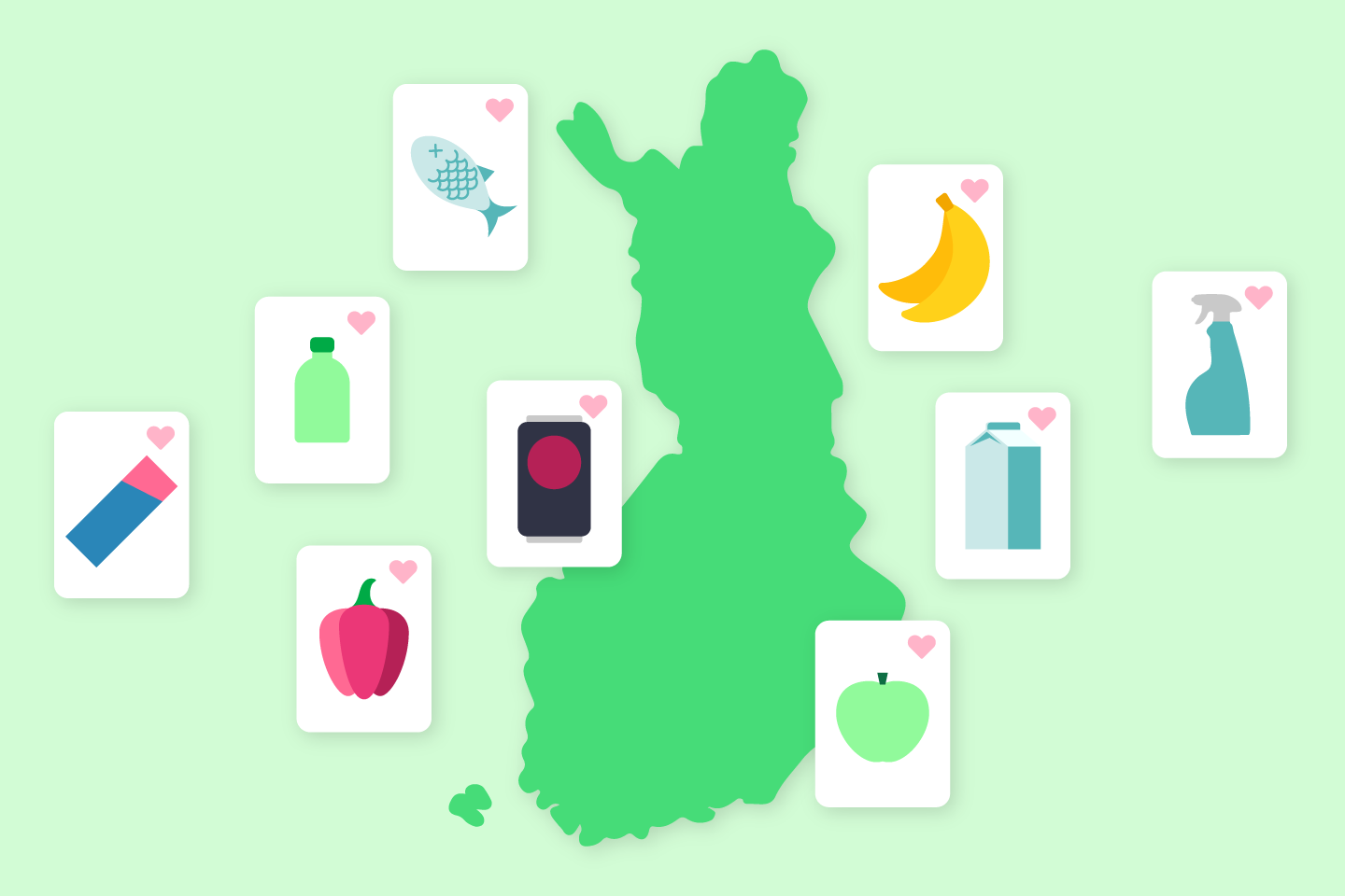 Vihreä Suomen kartta vaaleanvihreällä pohjalla. Ympärillä ruokatuoteikoneita: paprika, suklaalevy, kala, pullo, banaaneja, maitotölkki, säilyketölkki, puhdistusainepullo, omena. 