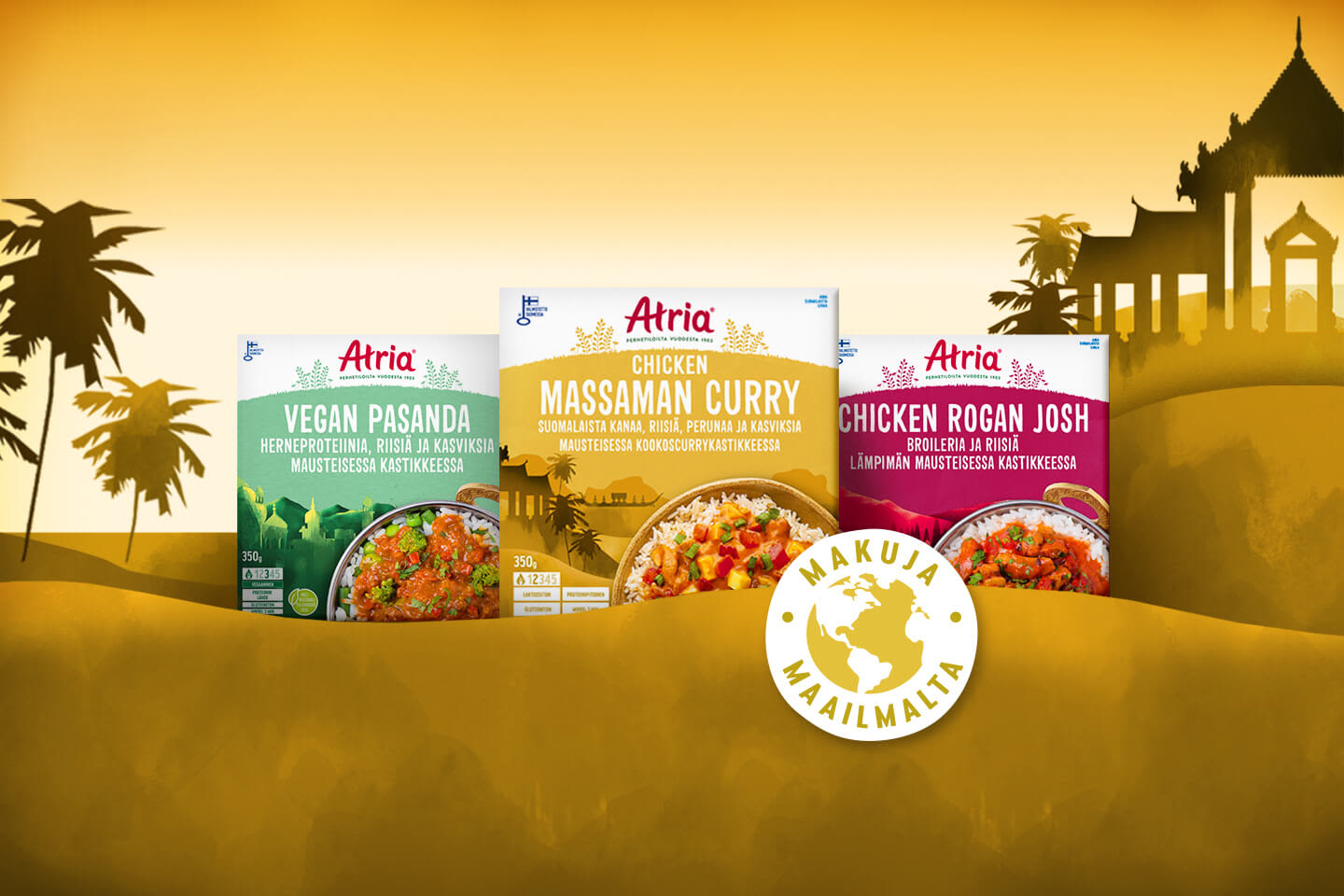 Atrian mausteisia valmisruokia eksoottisessa maisemassa: vegaani Pasanda, kana Massaman Curry ja kana Rogan Josh.