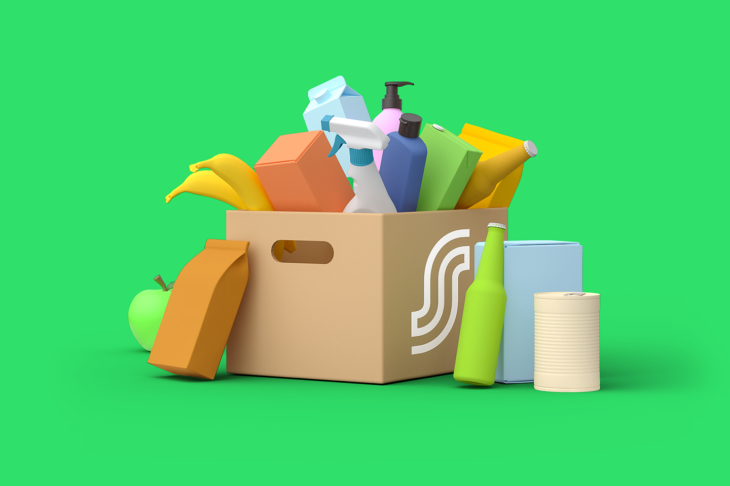 Pahvilaatikko täynnä värikkäitä kotitaloustuotteita, kuten puhdistusaineita, elintarvikepakkauksia ja säilykkeitä vihreällä taustalla.