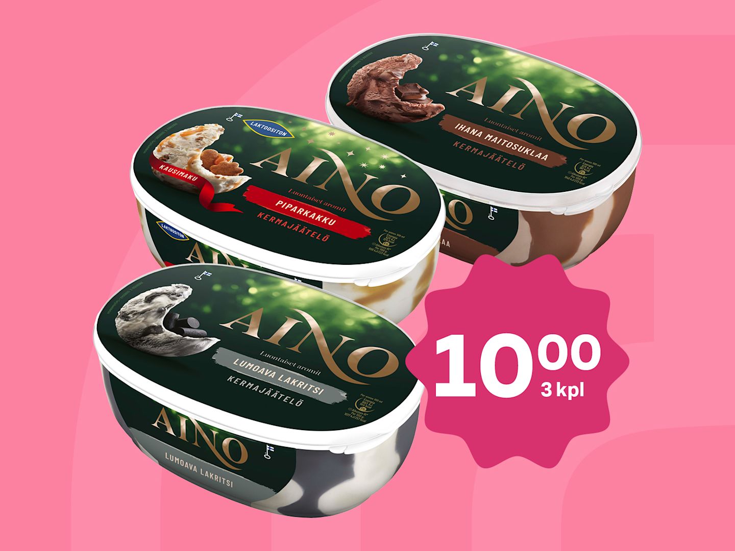 Aino-jäätelöt: 3 kpl = 10 €