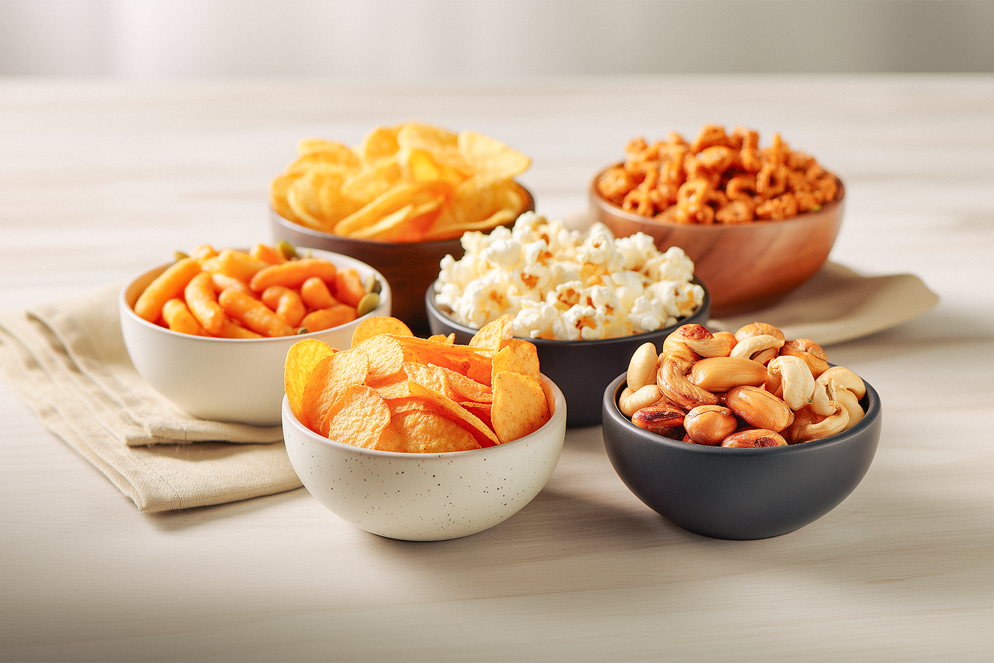 Sipsejä, popcornia, pähkinöitä ja juustonaksuja pienissä kulhoissa vaalealla pöydällä.