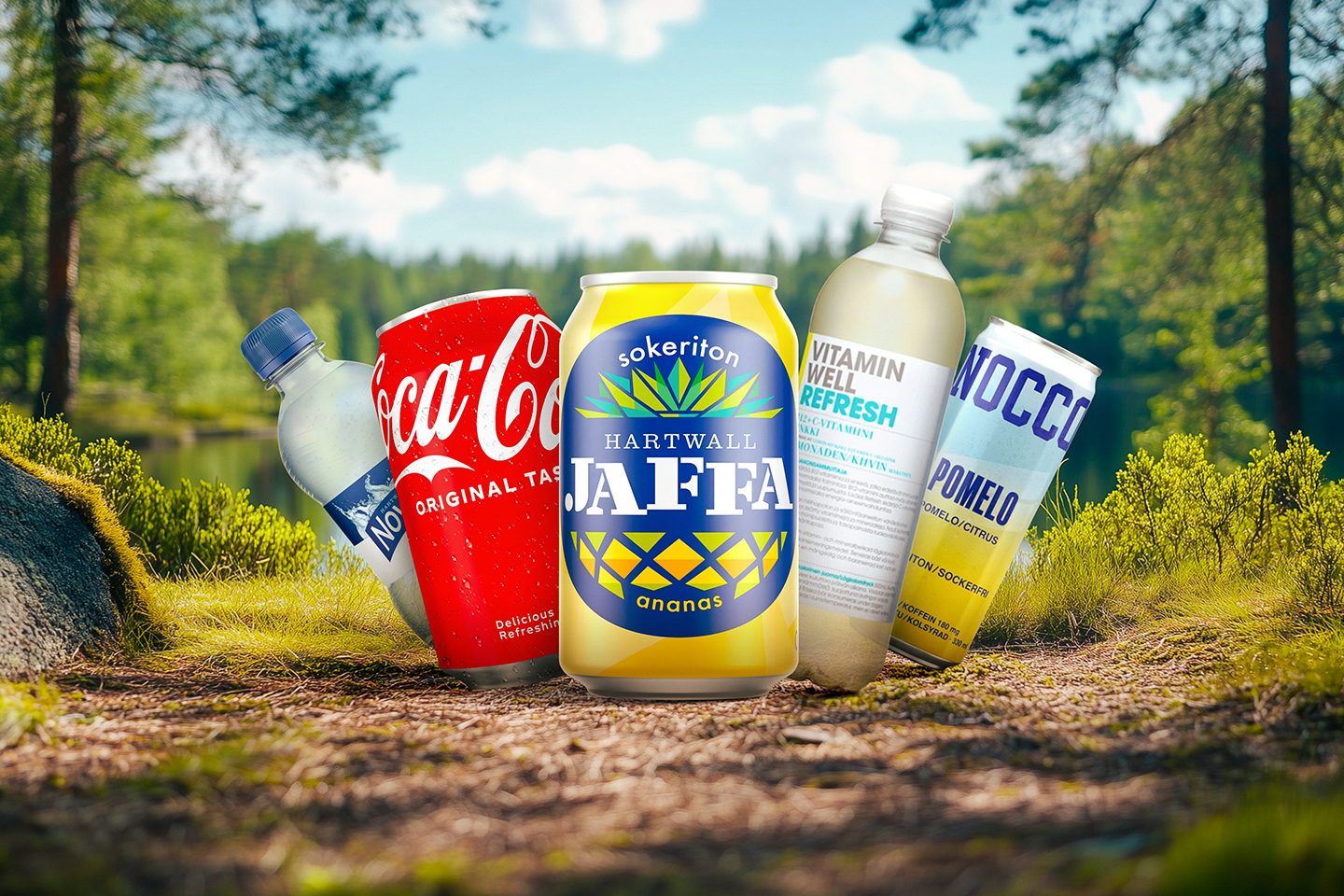 Novelle-vesi, Coca-Cola, Jaffa Ananas, Vitamin Well Refres, Nocco Pomelo kesäisessä luonnossa.
