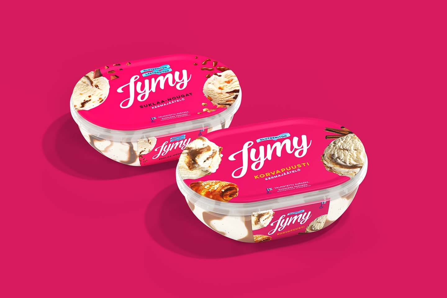 Kaksi Jymy-äätelöpakkausta pinkillä taustalla: maut ovat suklaa-nougat ja korvapuusti.