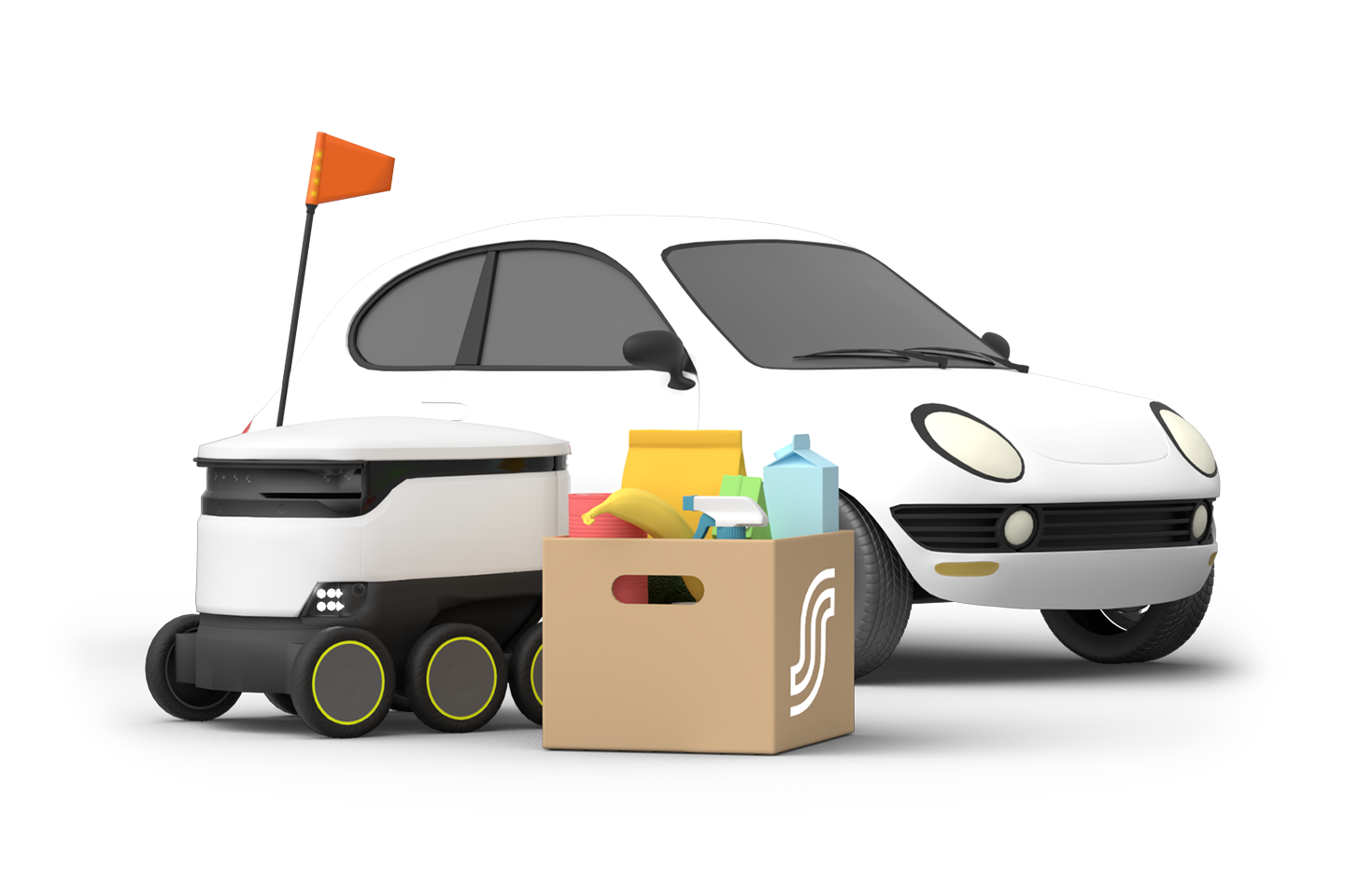 Pieni valkoinen robotti oranssilla lipulla ja ostoskassi täynnä ruokatarvikkeita vieressään pienen sähköauton kanssa.