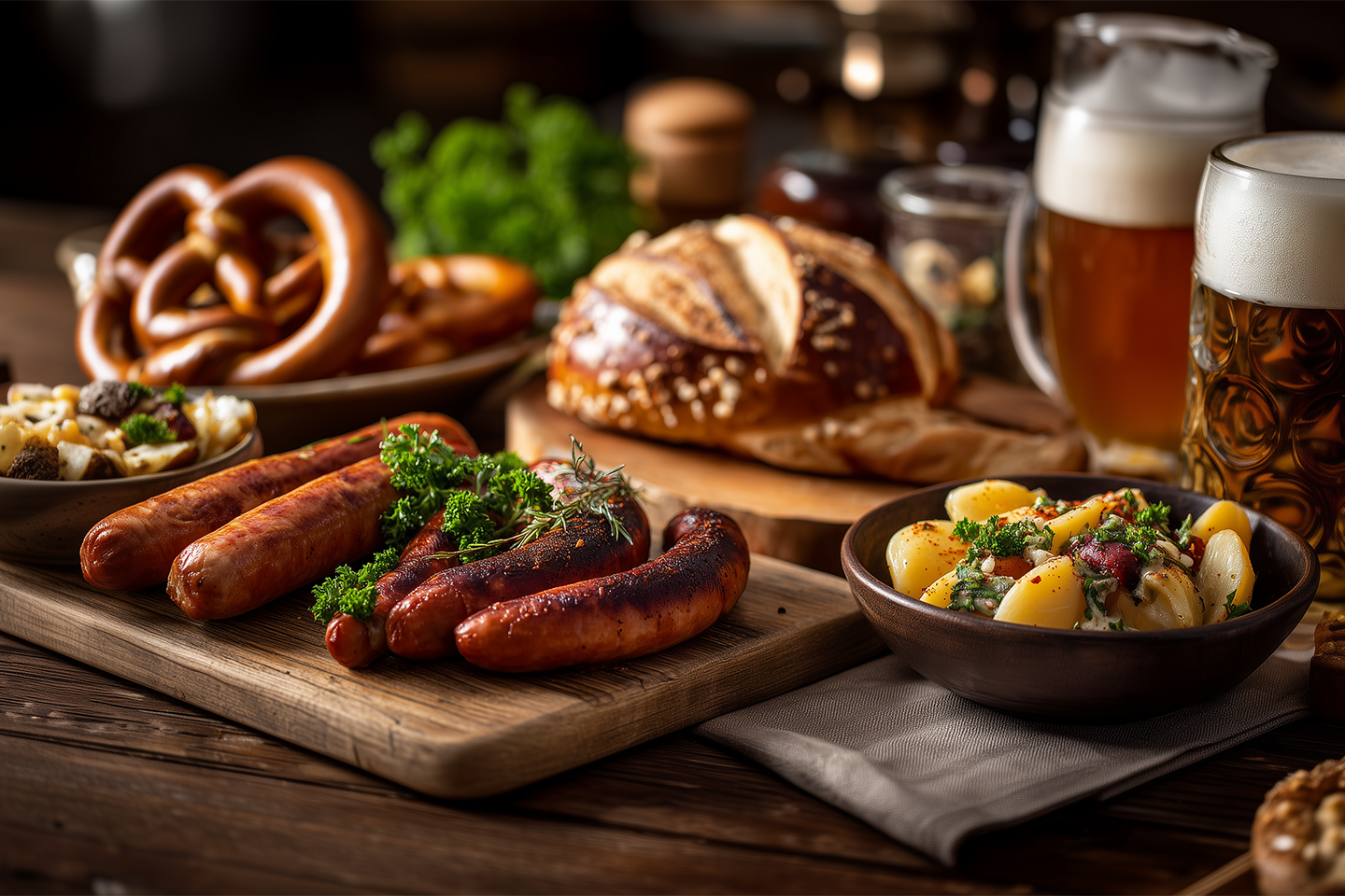 Oktoberfest-herkkuja puupöydällä. Makkaroita, perunasalaattia, bretzeleitä, olutta. 