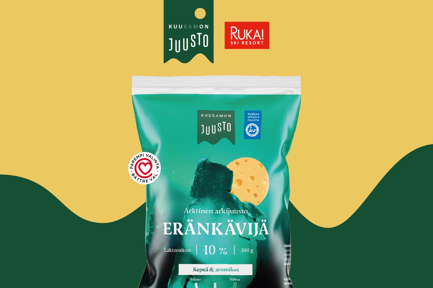 Kuusamon Juuston Eränkävijä-juustopakkaus keltavihreällä taustalla, 300 g laktoositon arktinen arkijuusto, Kuusamon juusto- ja Ruka Ski Resort -logot