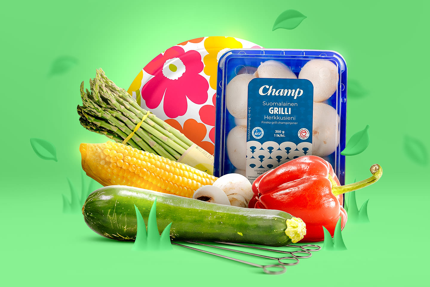Champ-grilliherkkusieniä ja tuoreita kasviksia, kuten parsaa, maissia, kesäkurpitsaa ja paprikaa, vihreällä taustalla.