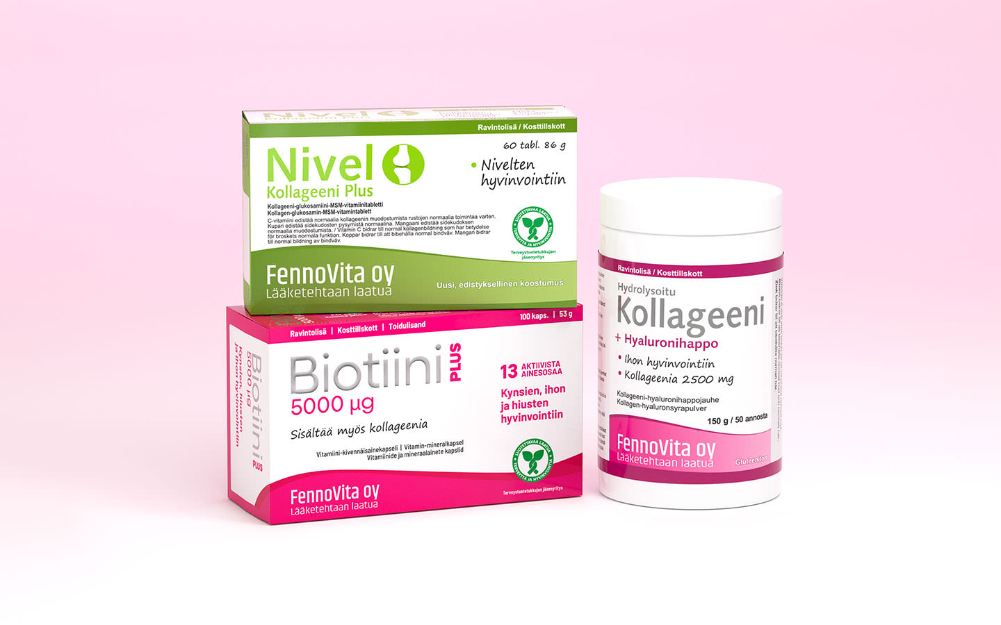 FennoVita Oy:n kolme ravintolisätuotetta: Nivel Kollageeni Plus, Biotiini Plus ja Kollageeni, + Hyaluronihappo, vaaleanpunaisella taustalla.