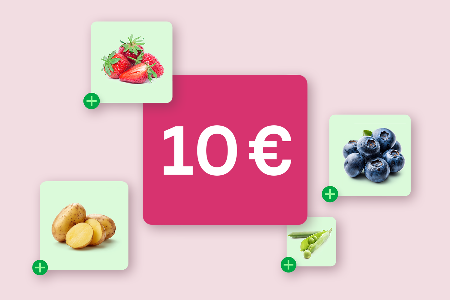 Kesäetu-kuvitus. 10 € vaaleanpunaisella pohjalla. Ympärillä mansikoita, perunoita, mustikoita ja herneitä.