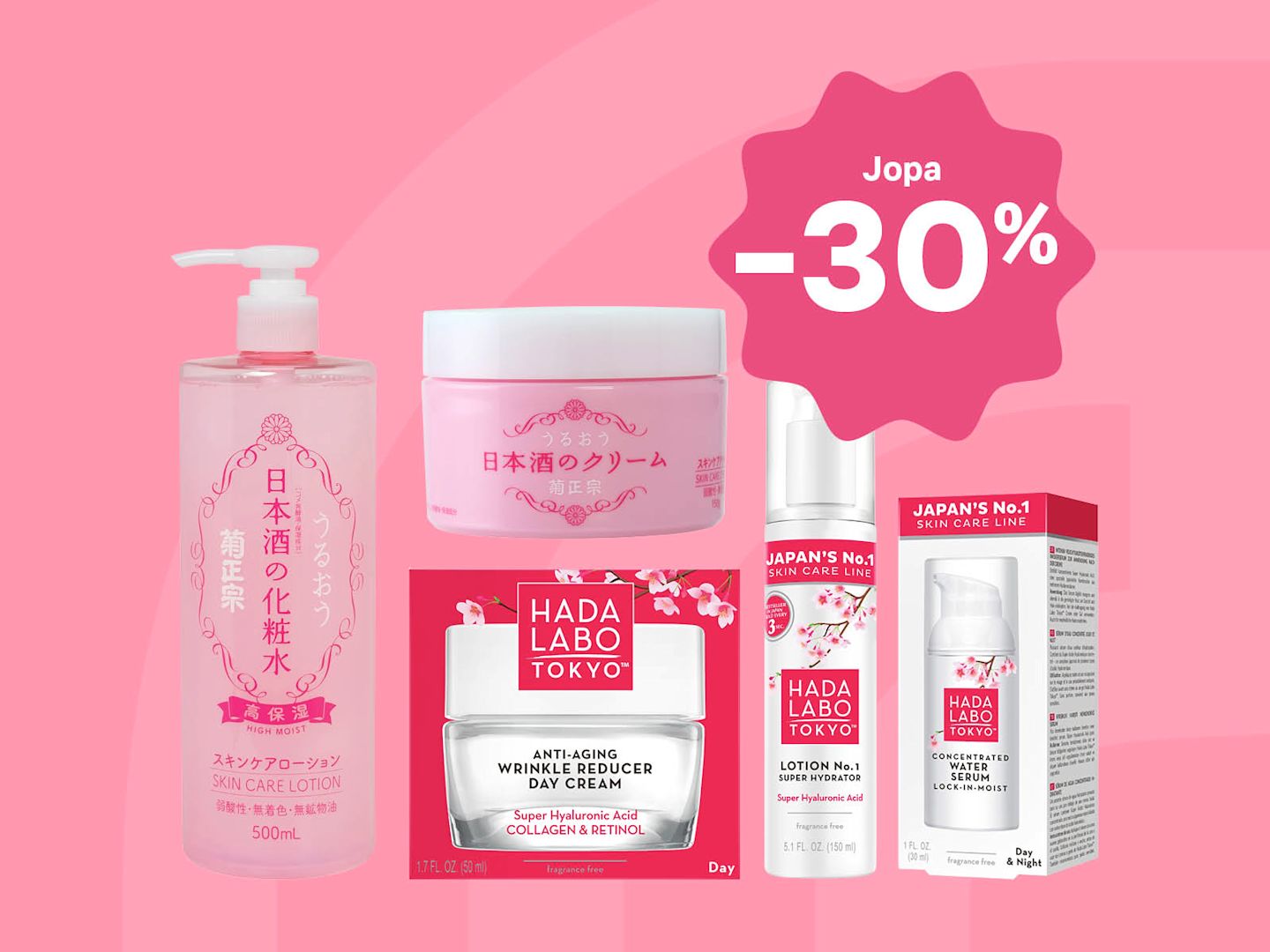 Japanilaisia ihonhoitotuotteita vaaleanpunaisella taustalla, Hada Labo -sarjan voiteita ja seerumeja nyt 30% alennuksessa.