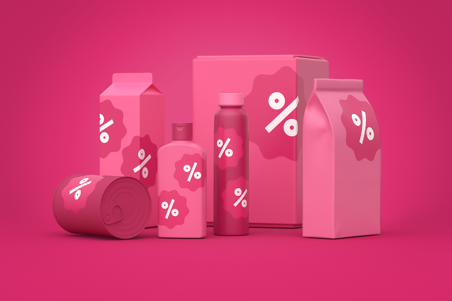 Pinkillä pohjalla alemerkittyjä pinkkejä purkkeja ja pakkauksia. 