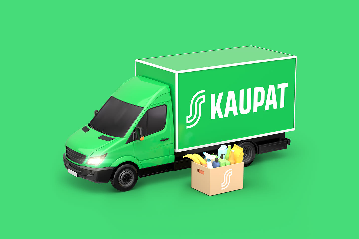 Kirkkaan vihreä S-kaupat-kuljetusauto ja sen vieressä laatikko täynnä ruokaostoksia vihreällä taustalla.