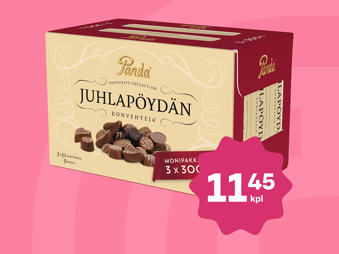 Pandan Juhlapöydän konvehteja sisältävä monipakkaus vaaleanpunaisella taustalla, hintamerkintä 11,45 kpl pinkissä tähdessä.