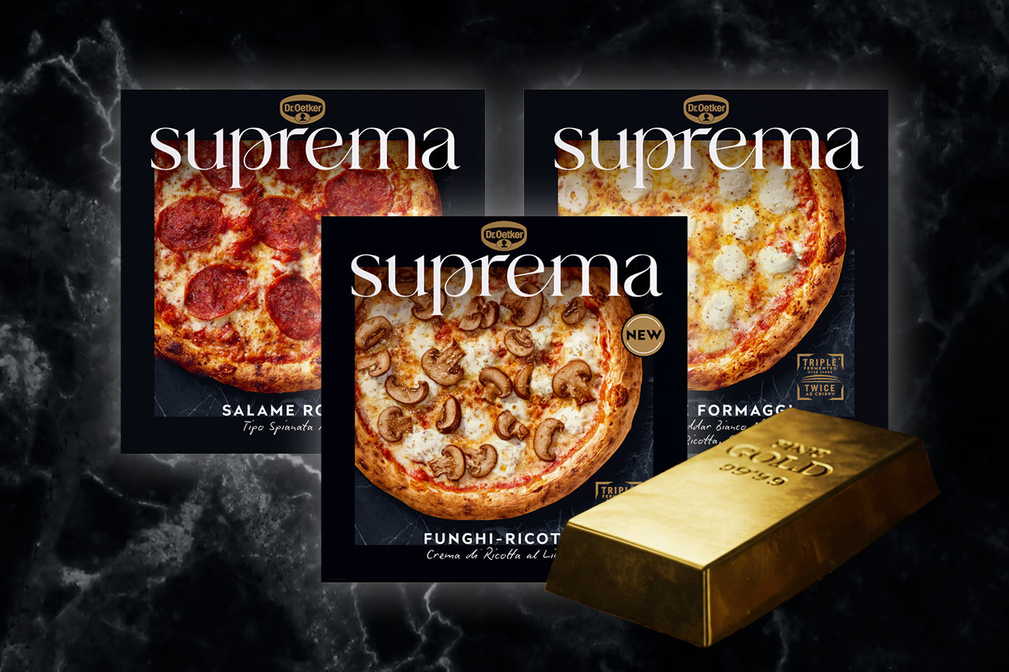 Dr. Oetker Suprema -pakastepizzoja kolmessa maussa: salami, mozzarella ja sieni-ricotta, kultaharkon vieressä tummalla taustalla
