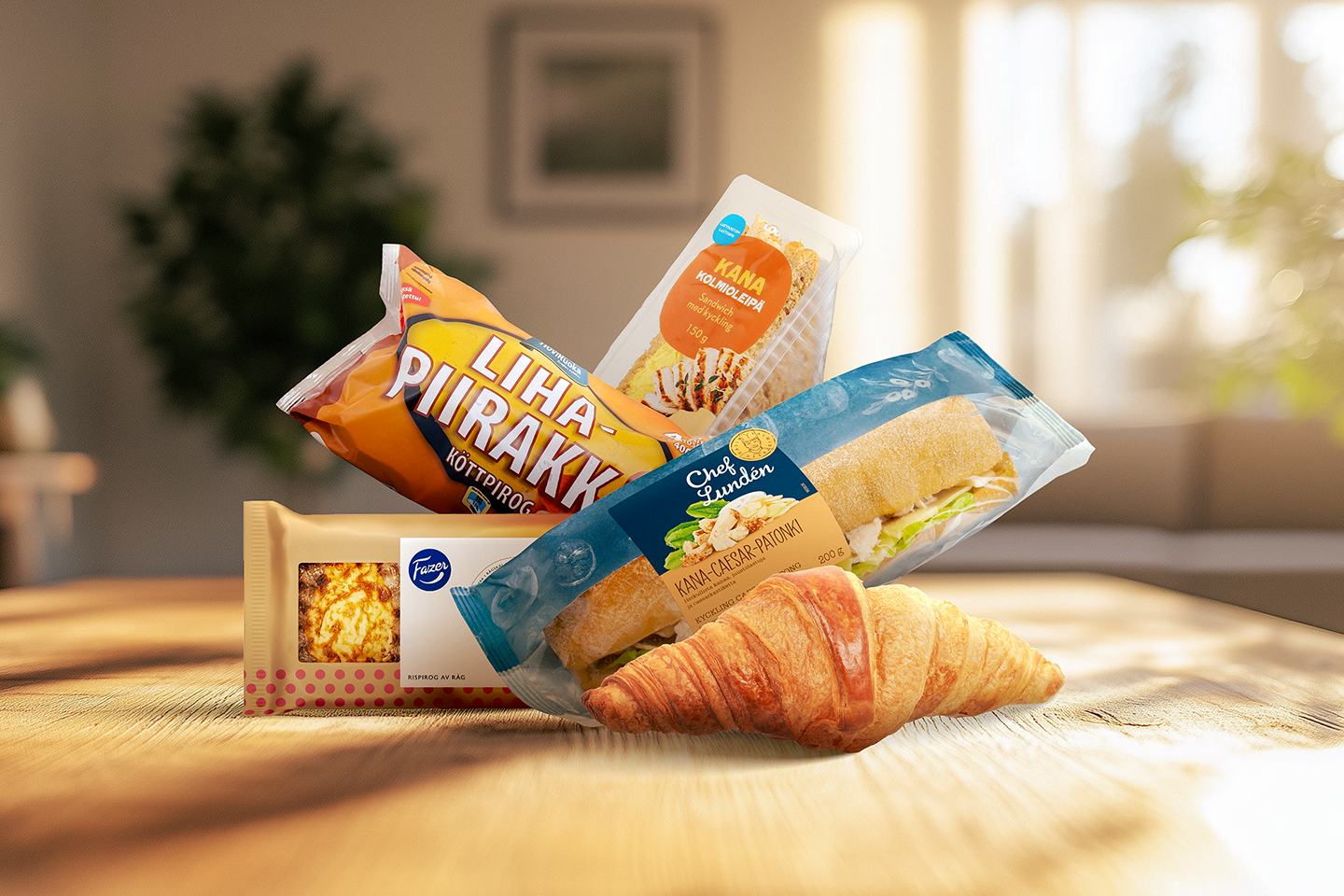 Pöydällä Fazerin riisipiirakoita, croissant, patonki, Hoviruoan lihapiirakka ja Coopin kanakolmioleipä.
