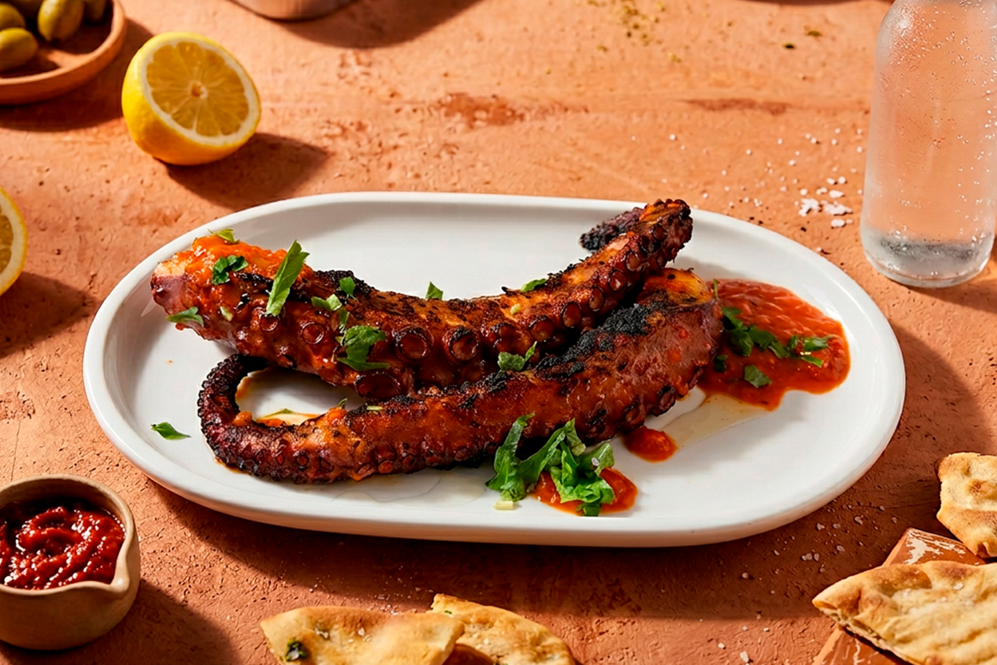 Grillattua mustekalan lonkeroa lautasella, chimichurri-kastiketta ja yrttejä, vieressä sitruunaa, leipää ja juomaa.