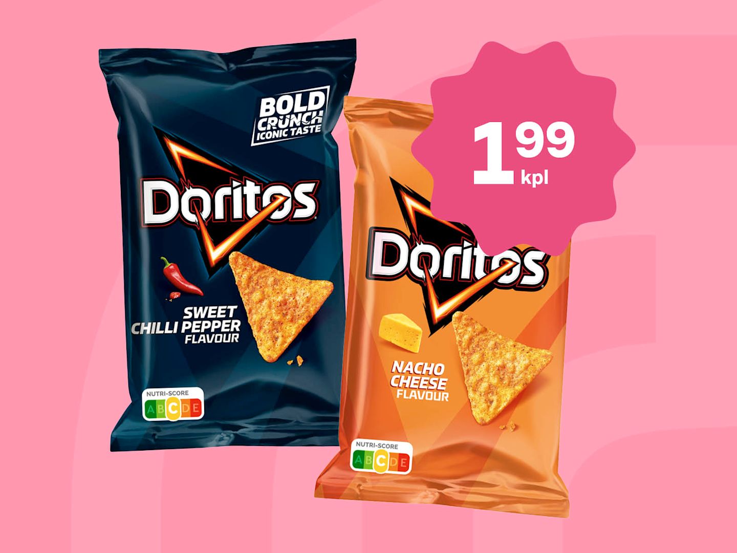 Doritos-maissilastupussit kahdessa maussa, Sweet Chilli Pepper ja Nacho Cheese, vaaleanpunaisella taustalla hintaan 1,99 €/kpl.