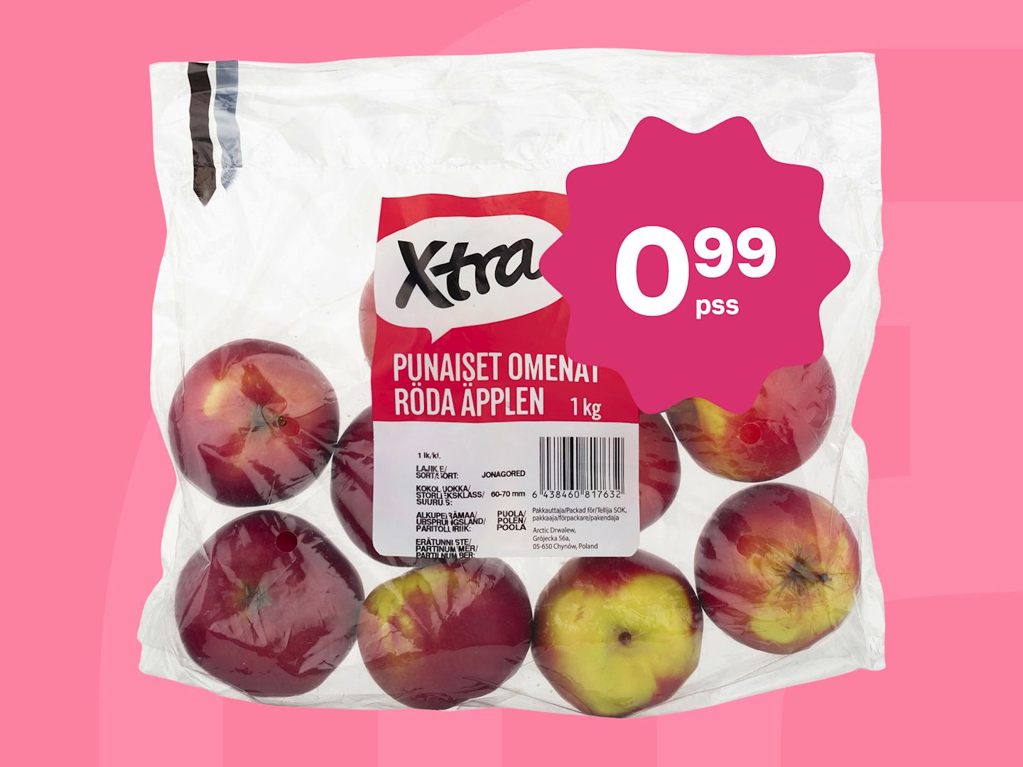 Kilon pussi Xtra-merkin punaisia omenoita vaaleanpunaisella taustalla, tarjoushintaan 0,99 euroa.