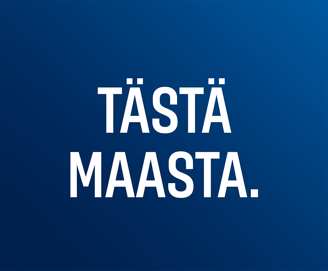 Sinisellä taustalla lukee valkoisin isoin kirjaimin "Tästä maasta."