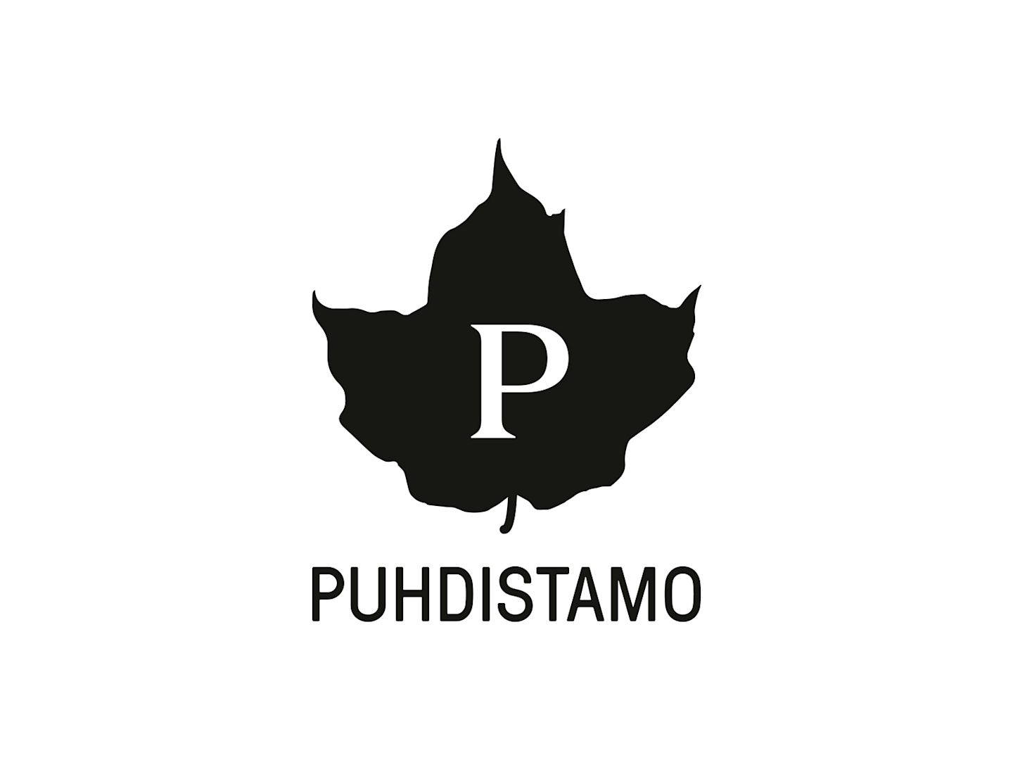 Puhdistamo-brändin musta logo, jossa lehden siluetti ja kirjain P sekä teksti PUHDISTAMO.