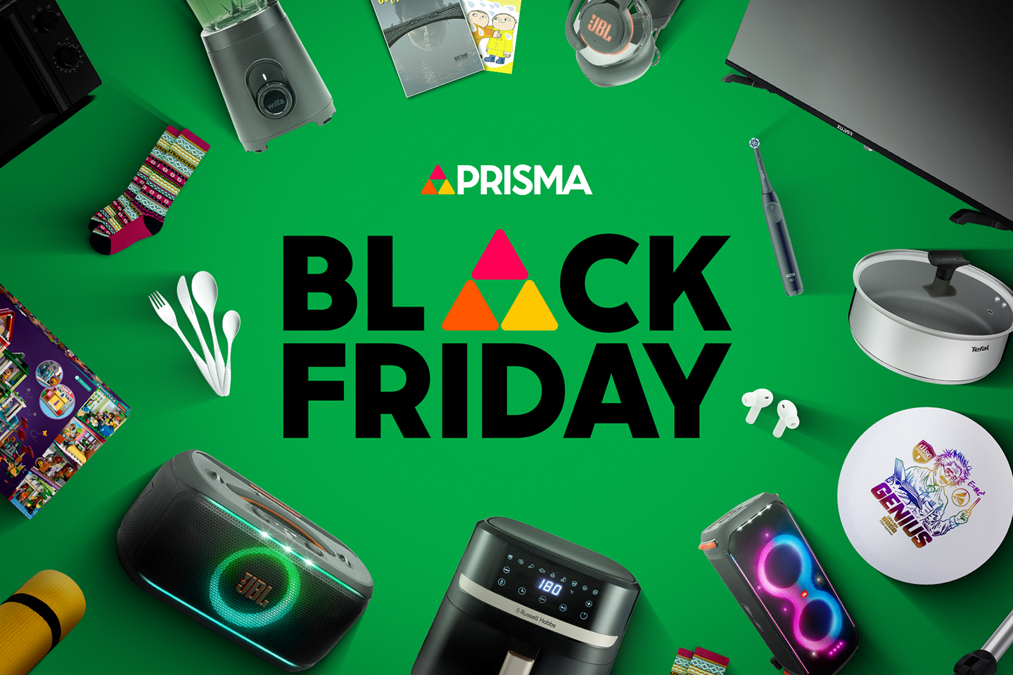 Prisma Black Friday -teksti vihreällä taustalla, tekstiä ympäröivät erilaiset tuotteet kuten kaiuttimet, kuulokkeet ja kodinkoneet.