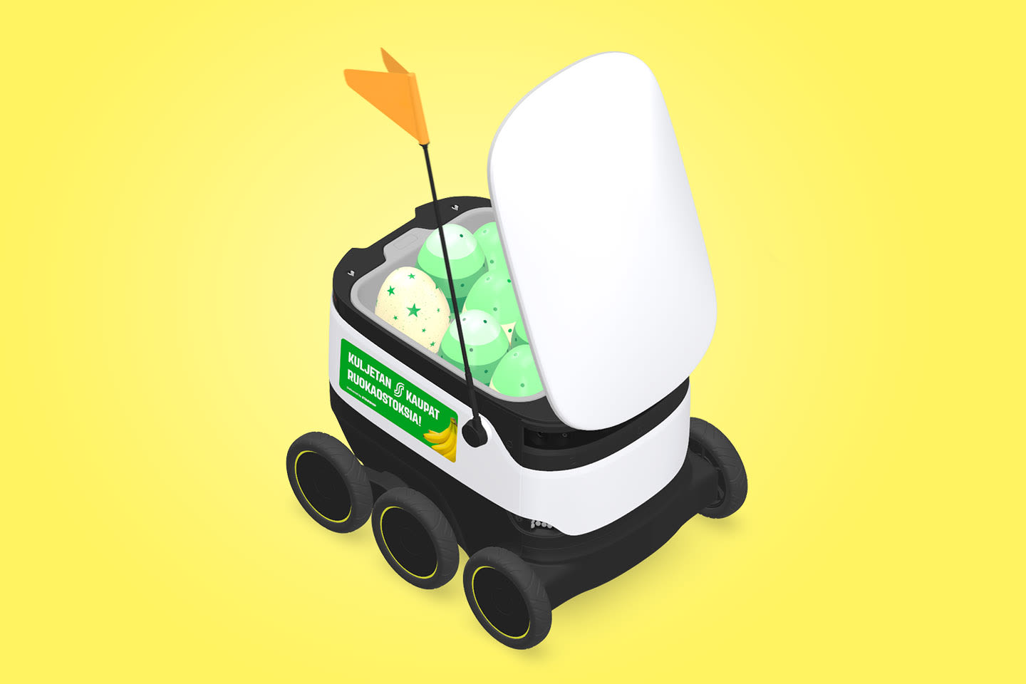 Pieni valkoinen kuljetusrobotti, jossa on värikkäitä pääsiäismunia sisällä ja oranssi lippu, keltaisella taustalla.