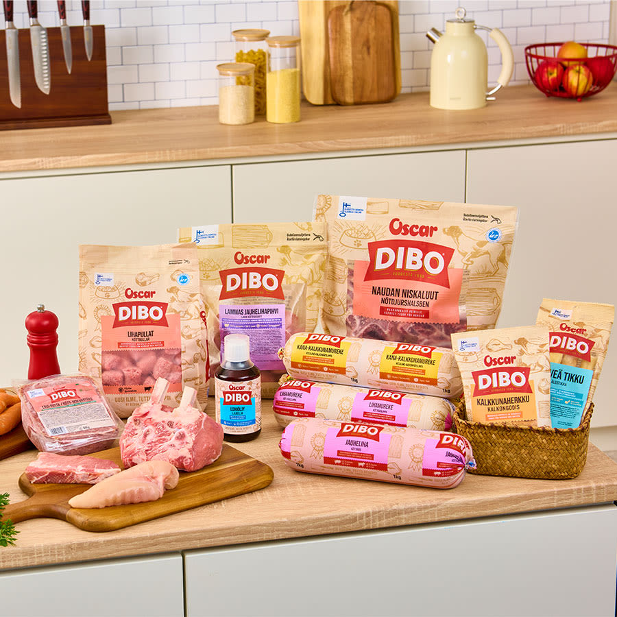 Valikoima Oscar DIBO -tuotteita keittiötasolla, mukana erilaisia lihapakkauksia ja herkkutikkuja.