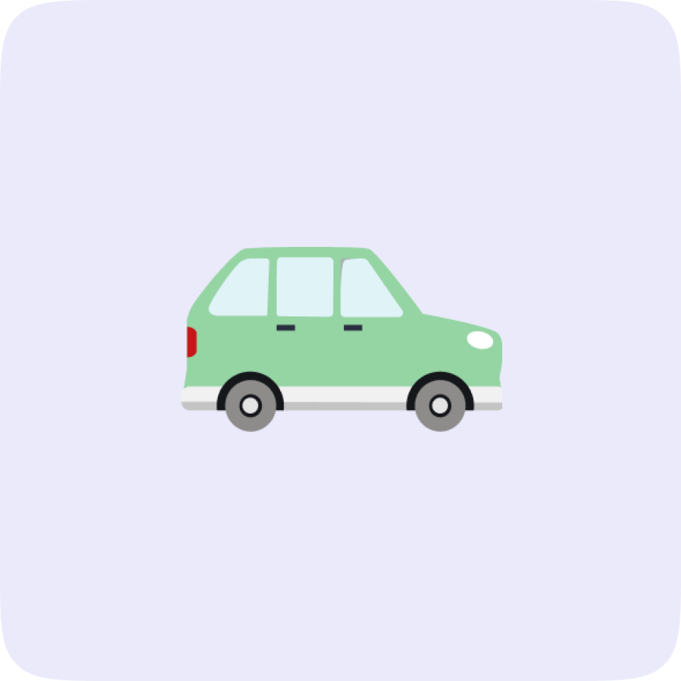 Vihreä kuvitettu auto liilalla taustalla.