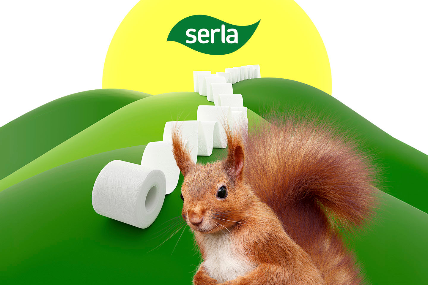 Söpö orava vihreillä kukkuloilla WC-paperirullien kanssa, taustalla keltainen aurinko ja Serlan logo.