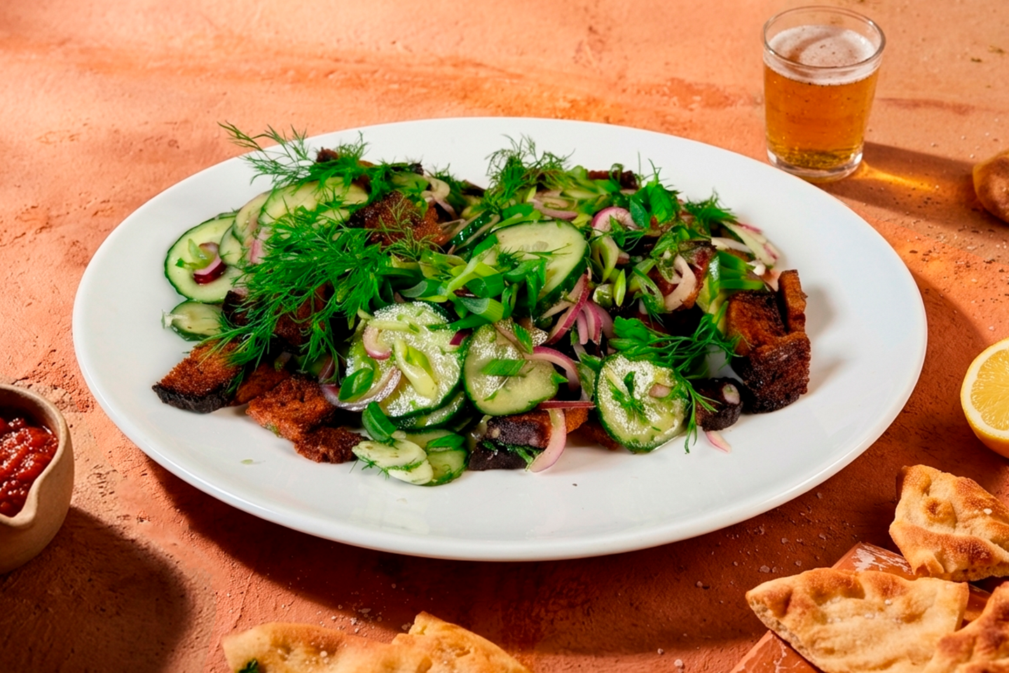 Skandi panzanella - kurkut, punasipuli ja tilli yhdistyvät paahdettuihin leipäpaloihin, vieressä olut ja leipää.
